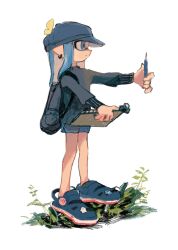 Rule 34 | 1girl, backpack, bag, black sweater, blue eyes, blue footwear, blue hat, blue shorts, clipboard, closed mouth, commentary, full body, hat, highres, holding, holding clipboard, holding pencil, inkling, inkling girl, inkling player character, kaxk x, long hair, nintendo, pencil, pointy ears, sandals, short shorts, shorts, simple background, solo, splatoon (series), standing, sweater, symbol-only commentary, tentacle hair, white background