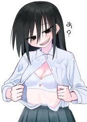 Rule 34 | 1girl, black eyes, black hair, bra, breasts, cleavage, commentary request, hair over one eye, highres, medium breasts, open mouth, original, partially unbuttoned, pleated skirt, school uniform, skirt, smile, solo, tawasiupa, underwear, upper body, white bra