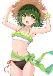 Rule 34 | 1girl, :d, absurdres, armpits, bare shoulders, bikini, blush, cu-no, flat chest, flower, flower necklace, green eyes, green hair, hands up, hat, highres, hisen kaede, holding, holding clothes, holding hat, jewelry, layered bikini, lips, looking at viewer, navel, necklace, nonono futaba, open mouth, ribbon, scan, scrunchie, short hair, side-tie bikini bottom, simple background, smile, stomach, straw hat, swimsuit, wrist scrunchie