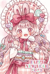 Rule 34 | 1girl, 2023, animal ears, aqua bow, blush, bonnet, bow, brooch, buttons, english text, frilled bonnet, hair bow, happy new year, heart button, holding, holding stuffed toy, japanese clothes, jewelry, kimono, large buttons, layered sleeves, lolita fashion, long hair, long sleeves, multiple hair bows, needle, new year, obi, obijime, object request, open mouth, original, painting (medium), pastel colors, pink eyes, pink hair, pink headwear, pink kimono, pink theme, purple bow, purple sash, rabbit ears, red bow, red ribbon, ribbon, sakano machi, sash, signature, smile, solo, straight-on, stuffed animal, stuffed rabbit, stuffed toy, traditional media, upper body, watercolor (medium), white headwear, wide sleeves, yume kawaii