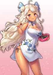 Rule 34 | 1girl, :d, ahoge, azur lane, bare arms, bare shoulders, black ribbon, black wings, blouse, blue ribbon, box, box of chocolates, braid, braided bun, breasts, brooklyn (azur lane), candy, chocolate, chocolate heart, cleavage, cleavage cutout, clothing cutout, contrapposto, double bun, dress, floral print, food, gradient background, hair bun, hair ribbon, heart, heart-shaped box, holding, holding box, holding food, large breasts, light particles, looking at viewer, open mouth, panties, pensuke, pink background, pink eyes, print dress, ribbon, rose print, shirt, side-tie panties, side slit, sleeveless, sleeveless shirt, smile, solo, standing, striped ribbon, swept bangs, tareme, thighs, underwear, valentine, white dress, wings, wrist cuffs