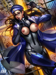Rule 34 | 1girl, absurdres, ana (overwatch), black hair, blue hat, breast cutout, breasts, brown eyes, captain amari, character name, finger to mouth, hat, highres, index finger raised, large breasts, liang xing, long hair, looking at viewer, nipples, overwatch, overwatch 1, parted lips, patreon username, solo, watermark, web address