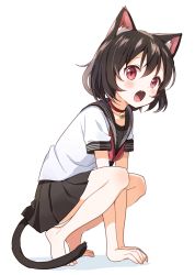 Rule 34 | 1girl, absurdres, animal ear fluff, animal ears, bare legs, barefoot, bell, black hair, black sailor collar, brown hair, buchi (y0u0ri ), cat ears, cat girl, cat tail, choker, commentary request, fang, full body, highres, looking at viewer, miniskirt, neck bell, neckerchief, original, pleated skirt, red eyes, red neckerchief, sailor collar, school uniform, serafuku, short hair, short sleeves, skirt, solo, squatting, tail, white background