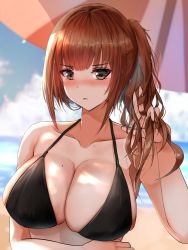 Rule 34 | 1girl, bare shoulders, beach, bikini, black bikini, blue sky, blush, breasts, brown eyes, brown hair, cleavage, embarrassed, female focus, highres, large breasts, long hair, looking at viewer, mole, mole on breast, open mouth, original, sand, sky, solo, sweat, swimsuit, tagme, take (trude1945oneetyan), upper body, water