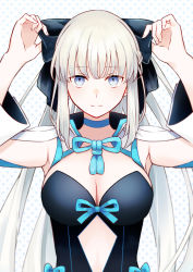 Rule 34 | 1girl, absurdres, adjusting bow, black bow, black dress, blue eyes, blue ribbon, bow, breasts, cleavage, closed mouth, commentary request, dress, fate/grand order, fate (series), grey hair, h6bird, hair bow, highres, large breasts, long hair, looking up, morgan le fay (fate), neck ribbon, ponytail, ribbon, sidelocks, smile, solo, two-tone dress, very long hair, white dress, wide sleeves