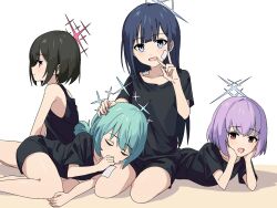 Rule 34 | aged down, aqua hair, atsuko (blue archive), bandaid, bandaid on face, black hair, black shirt, black shorts, blue archive, blue eyes, brown eyes, brown hair, commentary request, halo, highres, hiyori (blue archive), long hair, looking at viewer, lying, misaki (blue archive), momomatang, on stomach, purple hair, red eyes, saori (blue archive), shirt, short hair, short sleeves, shorts, sleeping, t-shirt, thighs, v, white background