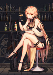 Rule 34 | &gt;:), 1girl, absurdres, ahoge, assault rifle, baek hyang, bar (place), bar stool, bare arms, bare legs, bare shoulders, black dress, black footwear, black gloves, black ribbon, breasts, bullpup, character name, cleavage, closed mouth, crossed legs, cup, dress, drinking glass, full body, garter straps, girls&#039; frontline, gloves, gun, hair ribbon, high heels, highres, holding, holding cup, indoors, long hair, medium breasts, official alternate costume, orange hair, ots-14 (girls&#039; frontline), ots-14 (sangria succulent) (girls&#039; frontline), ots-14 groza, ribbon, rifle, scope, shawl, sitting, sleeveless, sleeveless dress, smug, solo, stool, suppressor, thigh strap, very long hair, weapon, yellow eyes