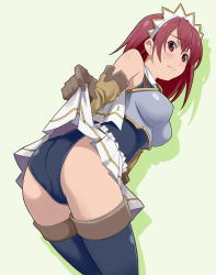 Rule 34 | 00s, 1girl, armor, ass, bad id, bad pixiv id, bent over, blush, cecily cambell, clothes lift, gloves, leotard, looking back, maruto!, red hair, seiken no blacksmith, skirt, skirt lift, solo, sweatdrop, thighhighs