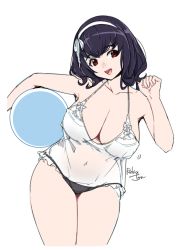 Rule 34 | 1girl, :d, ball, bare shoulders, black hair, black panties, breasts, brown eyes, clenched hand, collarbone, commentary request, hairband, highres, large breasts, lingerie, looking at viewer, medium hair, navel, open mouth, panties, relaxjon, see-through, seikon no qwaser, signature, smile, solo, underwear, white hairband, yamanobe tomo