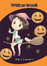 Rule 34 | 00s, 1boy, 1girl, aisha callaaisha, blush, broom, broom riding, brown eyes, brown hair, chibi, clothed female nude male, creature, dennou coil, full body, glasses, goggles, green skirt, green sleeves, halloween, hashimoto fumie, hat, jack-o&#039;-lantern, jack-o&#039;-lantern print, long hair, looking at viewer, looking back, miniskirt, nude, oyaji (dennou coil), panties, pantyshot, pink footwear, pink hat, pleated skirt, print panties, pumpkin, raglan sleeves, shirt, skirt, solo, t-shirt, trick or treat, underwear, v, white panties, white shirt, witch hat