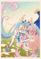 Rule 34 | 3girls, ahoge, aqua eyes, baby, blue eyes, blue hair, bow, braided sidelock, brooch, cape, commentary, cure prism, cure sky, detached sleeves, dress, elbow gloves, ellee-chan, gloves, gradient hair, hair bow, highres, hirogaru sky! precure, jewelry, kamikita futago, long hair, magical girl, multicolored hair, multiple girls, nijigaoka mashiro, official art, pink bow, pink hair, precure, puffy detached sleeves, puffy sleeves, purple hair, single sidelock, sora harewataru, twintails, two-sided cape, two-sided fabric, very long hair, white dress, white gloves, wing brooch, wing hair ornament