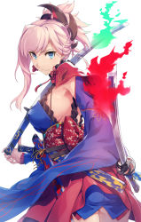 Rule 34 | 1girl, ass, blue eyes, breasts, cowboy shot, detached sleeves, dual wielding, fate/grand order, fate (series), highres, holding, japanese clothes, jewelry, katana, kimono, large breasts, long hair, looking at viewer, miyamoto musashi (fate), miyamoto musashi (third ascension) (fate), pink hair, ponytail, sajittari, sash, sideboob, simple background, smile, solo, sword, weapon, white background