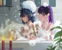 Rule 34 | 2girls, bath, bathing, bathroom, bathtub, black hair, black nails, blue hair, blush, breasts, candle, closed mouth, commentary, english commentary, fire, from side, hair between eyes, indoors, ji-yoon (jourd4n), jourd4n, knees up, medium breasts, minori yume (jourd4n), multiple girls, nail polish, nude, original, parted lips, partially submerged, pink hair, plant, purple hair, red eyes, shared bathing, shelf, slime (substance), soap bubbles, sponge, tile wall, tiles
