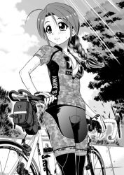 Rule 34 | 1girl, ahoge, bicycle, blush, bra, braid, cloud, cloudy sky, commentary request, day, ebifly, greyscale, light rays, long hair, monochrome, open clothes, open shirt, original, outdoors, pants, pouch, shirt, short sleeves, sky, smile, solo, standing, sweat, tree, underwear