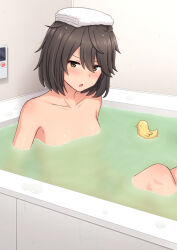 Rule 34 | 1girl, bath, bathing, bathroom, bathtub, black hair, collarbone, commentary request, completely nude, knees up, medium hair, nakamura sumikage, nude, original, partially submerged, rubber duck, short hair, sitting, solo, towel, towel on head, water, wet, yellow eyes