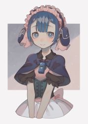 Rule 34 | 1boy, apron, blue background, blue eyes, blue hair, blunt bangs, blush, bow, capelet, closed mouth, collared capelet, cropped legs, crossdressing, dress, feather-trimmed sleeves, frills, highres, juliet sleeves, kirudai, light blush, long sleeves, looking at viewer, made in abyss, maid, maid headdress, male focus, maruruk, multicolored background, pink background, pink dress, pink frills, pouch, puffy short sleeves, puffy sleeves, short hair, short sleeves, smile, solo, trap, waist apron, whistle, white apron, white background