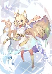 Rule 34 | 1girl, absurdres, ahoge, animal ear fluff, animal ears, arms up, barefoot, blonde hair, blue eyes, bow, collarbone, commission, crystal, dress, fox girl, fox tail, glint, hair between eyes, highres, long hair, open hands, open mouth, original, shiba (s hi ba ), skeb commission, solo, tail, tongue, white dress, yellow bow