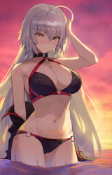 Rule 34 | 1girl, ahoge, backlighting, bare shoulders, bikini, black bikini, black choker, black jacket, blush, breasts, choker, cleavage, closed mouth, collarbone, cropped jacket, fate/grand order, fate (series), gradient sky, hand in own hair, highres, jacket, jeanne d&#039;arc alter (swimsuit berserker) (fate), jeanne d&#039;arc (fate), jeanne d&#039;arc alter (fate), jeanne d&#039;arc alter (swimsuit berserker) (fate), large breasts, long hair, looking at viewer, navel, o-ring, ocean, off shoulder, open clothes, open jacket, orange sky, seon (seonon ), silver hair, sky, sunset, swimsuit, thighs, twilight, very long hair, wading, water, wet, yellow eyes