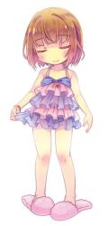 Rule 34 | 1girl, androgynous, arms at sides, bare legs, bare shoulders, blush, bob cut, bracelet, brown hair, child, closed mouth, collarbone, dress, female frisk (undertale), frisk (undertale), hair intakes, halterneck, heart, jewelry, layered dress, light smile, panties, pigeon-toed, pink footwear, see-through, shoes, short dress, short hair, simple background, sleeveless, sleeveless dress, slippers, solo, spaghetti strap, standing, striped clothes, striped panties, undertale, underwear, white background, yugaiga