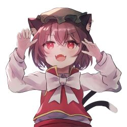 Rule 34 | 1girl, animal ears, ar (maeus), blush, brown hair, cat ears, cat tail, chen, green hat, hat, long sleeves, mob cap, multiple tails, open mouth, red eyes, red skirt, red vest, shirt, short hair, simple background, skirt, smile, solo, tail, touhou, two tails, upper body, vest, white background, white shirt