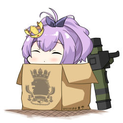 Rule 34 | 1girl, azur lane, blush, box, chibi, chinese commentary, closed eyes, commentary request, crown, eyebrows hidden by hair, fgm-148 javelin, highres, in box, in container, javelin (azur lane), man-portable anti-tank systems, mini crown, missile launcher, name connection, object namesake, purple hair, royal navy emblem (azur lane), speexc