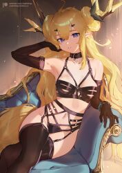 Rule 34 | 1girl, arknights, armpits, bare shoulders, bdsm, black collar, black gloves, black thighhighs, blonde hair, blush, bondage cuffs, breasts, collar, ear blush, elbow gloves, gloves, harness, highres, horns, leizi (arknights), lingerie, long hair, looking at viewer, nashidrop, navel, pointy ears, purple eyes, sidelocks, slave, small breasts, solo, tail, thighhighs, underwear, very long hair