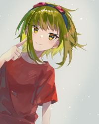 Rule 34 | 1girl, absurdres, bad id, bad pixiv id, blush, collarbone, commentary, finger to cheek, goggles, goggles on head, green eyes, green hair, grey background, gumi, highres, index finger raised, leaning to the side, light blush, note55885, red goggles, red shirt, shirt, short hair with long locks, short sleeves, smile, solo, vocaloid