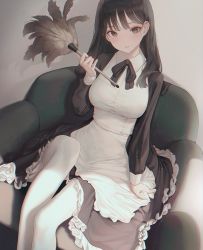 Rule 34 | 1girl, apron, black dress, black hair, black neckwear, breasts, brown eyes, chair, dress, duster, feather duster, frilled dress, frills, highres, holding, long hair, long sleeves, maid, original, pantyhose, sitting, smile, solo, sul ( 20sub), white apron, white pantyhose