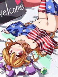 Rule 34 | 1girl, american flag, american flag legwear, blonde hair, blush, bottomless, clothes pull, clownpiece, english text, hat, hemogurobin a1c, jester cap, long hair, lying, navel, no panties, on back, pantyhose, pantyhose pull, pillow, red eyes, solo, striped clothes, striped pantyhose, topless, touhou, very long hair, wavy mouth