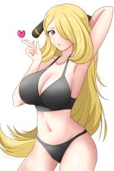 Rule 34 | 1girl, :o, absurdres, arm behind head, arm up, armpits, black bra, black panties, blowing kiss, bra, breasts, cleavage, cowboy shot, creatures (company), cynthia (pokemon), game freak, hair ornament, hair over one eye, heart, highres, large breasts, long hair, looking at viewer, maho (corotonton5150), navel, nintendo, open mouth, panties, pokemon, pokemon dppt, simple background, solo, stomach, underwear, underwear only, very long hair, white background