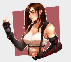 Rule 34 | 1girl, breasts, brown hair, cleavage, closed mouth, commentary, crop top, dangle earrings, earrings, effy neprin, elbow pads, english commentary, final fantasy, final fantasy vii, final fantasy vii remake, fingerless gloves, freckles, gloves, jewelry, large breasts, long hair, low-tied long hair, red eyes, skirt, smile, suspender skirt, suspenders, tank top, tifa lockhart, upper body, white tank top