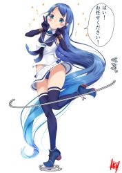 Rule 34 | 1girl, absurdly long hair, ankle boots, black thighhighs, blue eyes, blue hair, blue panties, blush, boots, closed mouth, dancing, double v, elbow gloves, full body, gloves, gradient hair, hair ornament, high heel boots, high heels, kantai collection, long hair, looking at viewer, multicolored hair, neckerchief, panties, pantyshot, sailor collar, samidare (kancolle), school uniform, serafuku, shirt, shoes, sleeveless, sleeveless shirt, smile, solo, standing, standing on one leg, swept bangs, tadokoro nurikabe, thighhighs, tiptoes, underwear, v, very long hair