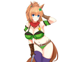 Rule 34 | 1girl, animal ears, arm up, armband, bad id, bad pixiv id, bandana, bandeau, bare shoulders, bikini, bikini under clothes, blue eyes, blush, breasts, brown gloves, commentary, detached sleeves, front-tie top, gloves, green armband, hair ornament, horse ears, large breasts, long hair, looking at viewer, orange hair, ponytail, purple thighhighs, sa (nax49), short sleeves, smile, solo, star (symbol), star hair ornament, strapless, swimsuit, taiki shuttle (umamusume), thighhighs, thighs, tube top, umamusume