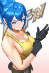 Rule 34 | 1girl, adjusting clothes, adjusting gloves, bare shoulders, belt, black gloves, blue eyes, blue hair, blurry, blurry background, breasts, cleavage, collarbone, crop top, from above, gloves, highres, large breasts, leona heidern, medium breasts, military, ponytail, pouch, sleeveless, soldier, solitude steam, solo, tank top, the king of fighters, the king of fighters xv, yellow tank top