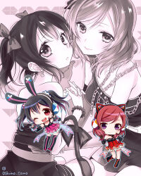 Rule 34 | absurdres, animal ear headphones, animal ears, armlet, black hair, blush, cat ears, chain, chibi, fake animal ears, greyscale, hair ribbon, headphones, highres, idol, jewelry, looking at viewer, love live!, monochrome, nishikino maki, one eye closed, ooshima tomo, open mouth, rabbit ears, red hair, ribbon, smile, tagme, twintails, yazawa nico, yuri