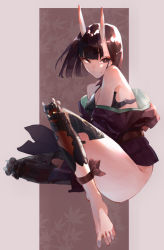 Rule 34 | 1girl, absurdres, ankle ribbon, backlighting, bare shoulders, bob cut, breasts, closed mouth, eyeliner, fate/grand order, fate (series), feet, headpiece, highres, horns, japanese clothes, kimono, knee up, leg ribbon, legs, long sleeves, looking at viewer, makeup, off shoulder, oni, purple eyes, purple hair, purple kimono, red ribbon, revealing clothes, ribbon, sash, short eyebrows, short hair, shuna (rain ball47), shuten douji (fate), sitting, skin-covered horns, small breasts, smile, solo, toes