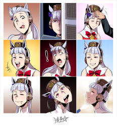 Rule 34 | !, +++, 1girl, :d, animal ears, blunt bangs, blush, closed eyes, closed mouth, ear covers, gold ship (umamusume), grey hair, grin, head tilt, highres, horse ears, hose, implied extra ears, long hair, looking at viewer, making faces, multiple views, open mouth, peeking out, red eyes, ryuusei (mark ii), signature, smile, solo focus, tongue, tongue out, umamusume, wide-eyed