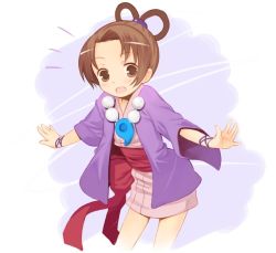 Rule 34 | 1girl, :d, pearl fey, bracelet, brown eyes, brown hair, capcom, child, coat, contrapposto, ace attorney, hair rings, japanese clothes, jewelry, kimono, kurasuke, long sleeves, looking at viewer, magatama, necklace, open mouth, pearl necklace, pendant, smile, solo, standing