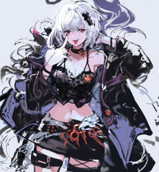 Rule 34 | 1girl, alchemaniac, bare shoulders, black coat, black nails, black skirt, bracelet, breasts, choker, cleavage, coat, collarbone, corset, djeeta (granblue fantasy), fang, feather boa, granblue fantasy, grey background, hair ornament, jewelry, midriff, nail polish, navel, red eyes, short hair, simple background, skirt, solo, thigh strap, tongue, tongue out, white hair