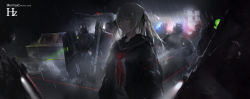 Rule 34 | 1girl, 6+boys, armor, armored personnel carrier, armored vehicle, artist name, ascot, assault rifle, autocannon, backlighting, ballistic shield, blonde hair, blush, cannon, caution tape, chain gun, crying, crying with eyes open, english text, green eyes, gun, hair ribbon, highres, hzw3, infantry fighting vehicle, jacket, laser, looking away, mask, military, multiple boys, original, rain, ribbon, rifle, sad, sailor collar, school uniform, shield, tears, text focus, twintails, vehicle, weapon