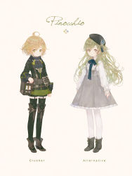 Rule 34 | 1boy, ascot, beret, blonde hair, book, boots, buckle, butterfly hair ornament, character name, closed mouth, crossdressing, english text, green eyes, green hair, hair ornament, hand on own hip, hat, long hair, multiple persona, pantyhose, petticoat, pinocchio (sinoalice), reality arc (sinoalice), ribbon, ringo (pixiv27995436), shorts, simple background, sinoalice, skirt, smile, solo, suspender skirt, suspenders, thighhighs, trap, white thighhighs, zettai ryouiki
