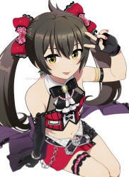 Rule 34 | 1girl, arm up, asymmetrical gloves, bare shoulders, black bow, black gloves, black hair, bow, collared shirt, crop top, elbow gloves, feet out of frame, fingerless gloves, gloves, hair between eyes, hair bow, hair ornament, heart, heart hair ornament, idolmaster, idolmaster cinderella girls, idolmaster cinderella girls starlight stage, long hair, matoba risa, mattaku mousuke, midriff, nail polish, navel, pink nails, red bow, red shirt, red skirt, shirt, simple background, single elbow glove, single fingerless glove, skirt, sleeveless, sleeveless shirt, solo, twintails, twitter username, uneven gloves, very long hair, white background, yellow eyes
