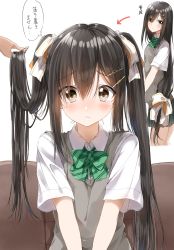 Rule 34 | 1girl, absurdres, black hair, blush, bow, bowtie, brown eyes, closed mouth, collar, collared shirt, couch, cropped legs, frown, green bow, green neckwear, green skirt, hair ornament, hair ribbon, hairclip, highres, holding, holding own hair, long hair, looking at viewer, low-tied long hair, miniskirt, multiple views, nose blush, original, pentagon (railgun ky1206), pleated skirt, ribbon, school uniform, shirt, short sleeves, simple background, skirt, standing, straight hair, striped bow, striped bowtie, striped clothes, striped neckwear, sweater vest, tareme, thought bubble, translation request, twintails, upper body, very long hair, white background, white ribbon, white shirt, wing collar