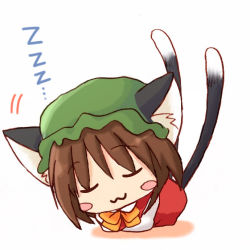Rule 34 | 1girl, :3, animal ears, bad id, bad pixiv id, cat ears, cat girl, cat tail, chen, chibi, eijima moko, closed eyes, female focus, multiple tails, sleeping, solo, tail, touhou