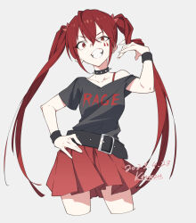 Rule 34 | 1girl, anarchy (magical destroyers), artist name, belt, black belt, black shirt, black wristband, bra strap, clothes writing, collar, commentary, cropped legs, crossed bangs, dated, english text, facial mark, grin, hair between eyes, hand on own hip, hand up, highres, kawazu (kwzuuun), long hair, looking at viewer, mahou shoujo magical destroyers, off shoulder, pleated skirt, red eyes, red hair, red skirt, shirt, short sleeves, simple background, skirt, smile, spiked collar, spikes, twintails, very long hair, white background, wristband