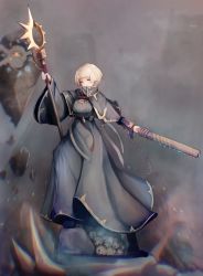 Rule 34 | 1girl, blonde hair, blue eyes, breasts, capelet, chain, chainsword, commentary request, highres, holding, holding staff, looking at viewer, melnik, original, pile of skulls, robe, rock, rubble, short hair, skull, solo, staff, standing, warhammer 40k, wide sleeves