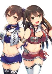 Rule 34 | 10s, 2girls, akagi (kancolle), breasts, cleavage, horosuke, kaga (kancolle), kantai collection, large breasts, long hair, medium breasts, midriff, miniskirt, multiple girls, race queen, side ponytail, skirt, thighhighs