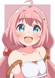 Rule 34 | 1girl, :d, ahoge, bad id, bad pixiv id, bare shoulders, blush, collarbone, endro!, flower, hair bobbles, hair flower, hair ornament, long hair, looking at viewer, low twintails, naruse mai, open mouth, pink hair, smile, solo, twintails, upper body, yuria shardet