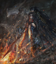 Rule 34 | 1girl, absurdres, armor, black hair, blue eyes, boots, bra, death knight, dragon, fire, gloves, glowing, glowing eyes, highres, long hair, shoulder armor, skeleton, skull, smoke, solo, pauldrons, sword, twintails, underwear, very long hair, warcraft, weapon, world of warcraft, y.c