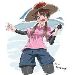 Rule 34 | 1girl, 2018, :d, anmc, artist name, black pantyhose, black undershirt, blue shorts, breasts, brown eyes, brown hair, commentary, cowboy hat, dated, denim, denim shorts, fang, gatalympics oneesan (zombie land saga), hat, highres, holding, holding microphone, long sleeves, looking at viewer, looking down, microphone, open mouth, outstretched arms, pantyhose, pink shirt, shirt, short hair with long locks, short sleeves, shorts, simple background, small breasts, smile, solo, zombie land saga